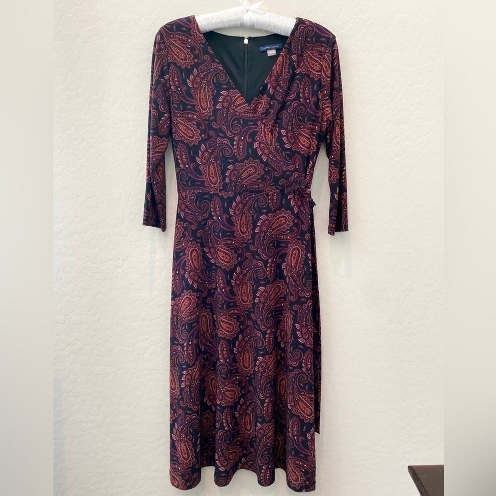 TOMMY HILFIGER | Burgundy Paisley Midi Dress 3/4 Sleeve Wrap Style | Size 6